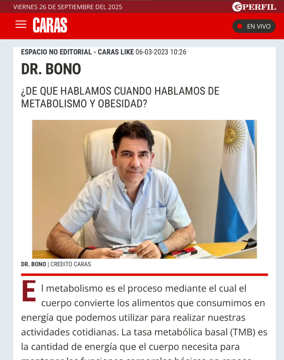 Nota sobre el Dr. Bono en Revista Caras